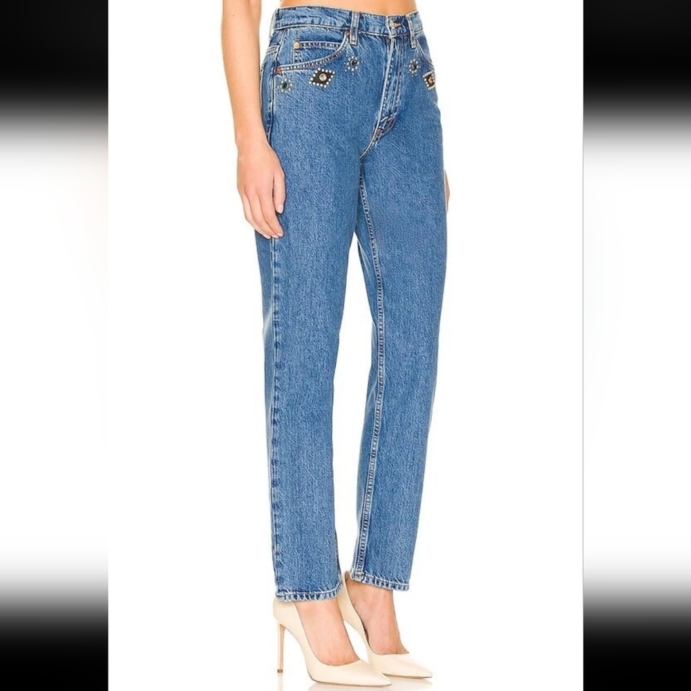 Re/Done Blue Straight Leg Jeans with Beaded Embellishments - Picture 3 of 10
